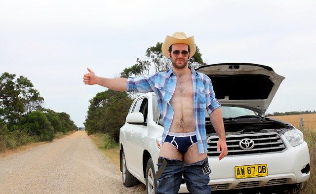 Cute furry guy hitchhiking in his underwear