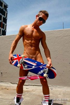 Tanned Muscle jock Kaleb naked with a skateboard