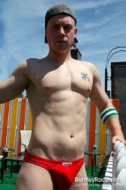 Smooth pale skinned Saxon in a red jock