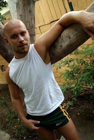 Hot bald Scott Campbell outside in workout clothes