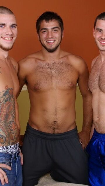 Three hot young shirtless jocks