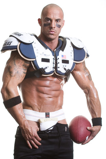 Tough guy Vin Marco in football pads, and a jockstrap