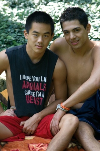 Hot young Asian and Latino twinks outside