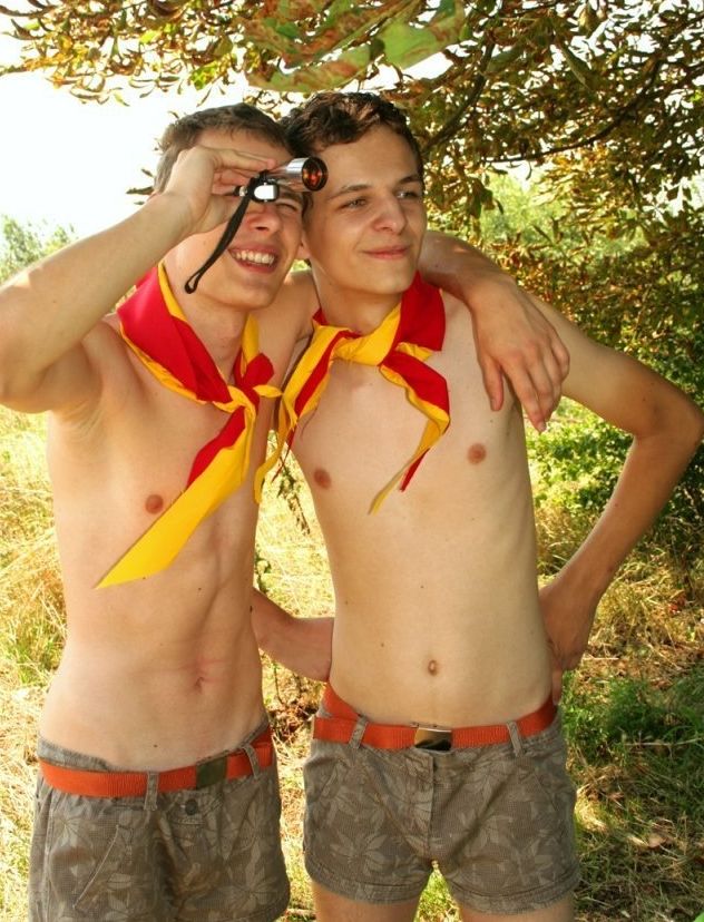 Shirtless smooth twinks out exploring nature