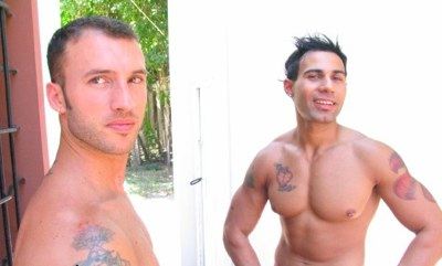 Inked muscle boys shirtless outside