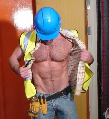 Beefy furry chested hunk shows off his tool belt