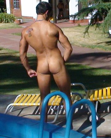naked assed stud by the pool