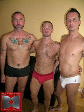 Colin Roberts, Thomas Steel and Rex Castro pose in their underwear
