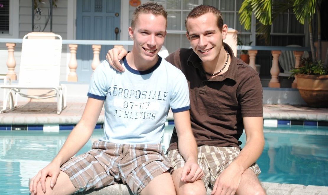Cute twinks Ethan and Tommy outside by the pool
