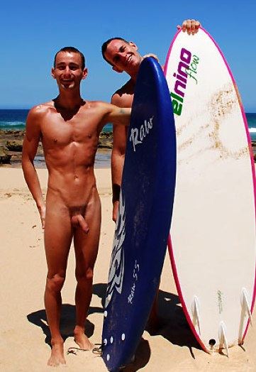 Two Australian surfers - one naked with a nice uncut cock