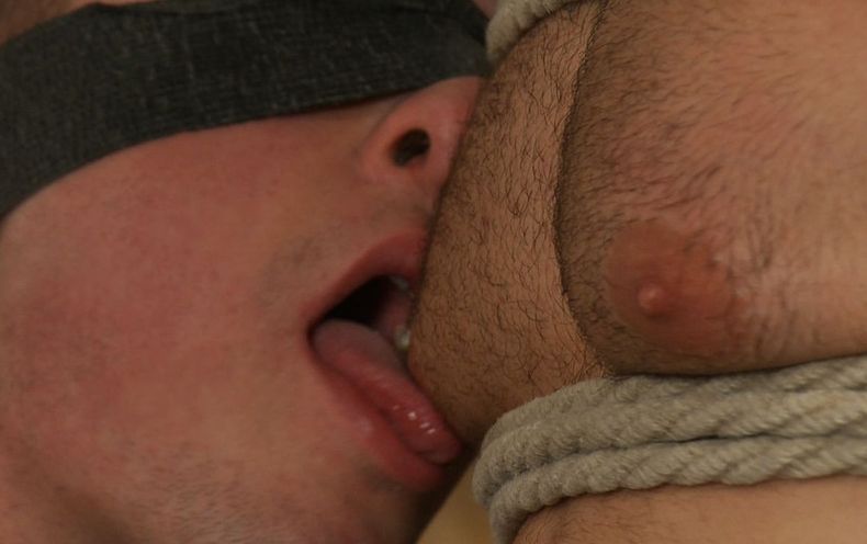 Blindfolded young guy licks a beefy nipple