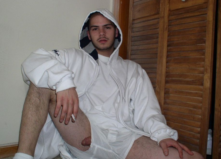 White thug smoking with hard dick in boxers