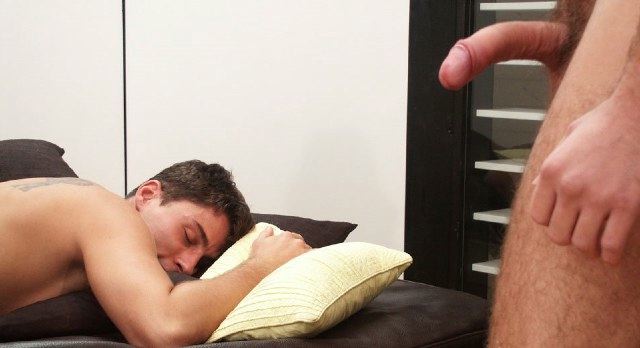 Cute sleeping boy Krisztian Kovacs about to be awakened by Zoltan Nagy\'s giant curved dick