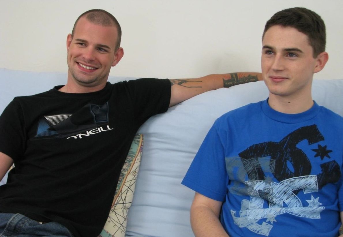 Hot young straight guys chill on the couch