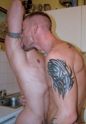 Buzz cut guy with tattoos worships armpit