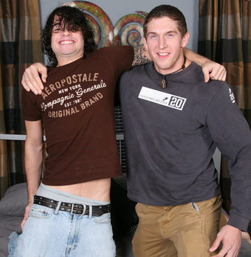 Guy with long hair goofing off with his jock buddy