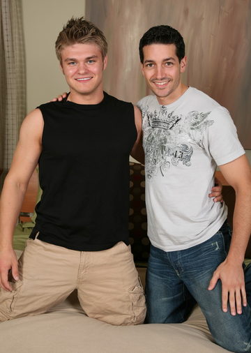 Beefy blond jock and dark haired friend before they fuck