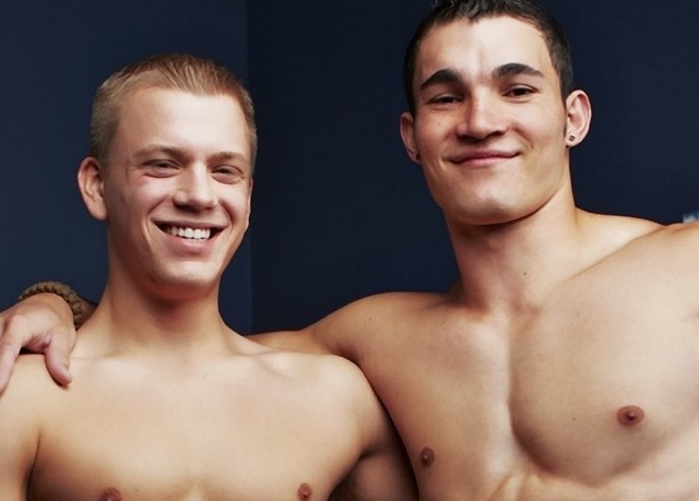 Shirtless college jocks Avery and Reed