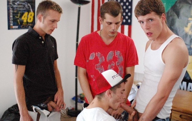 Group of young college guys getting their cocks sucked