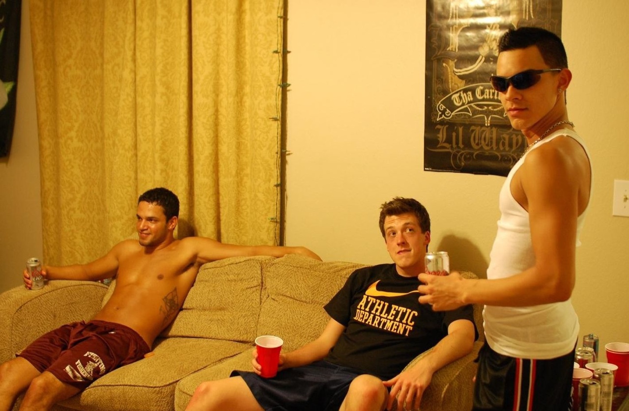 Hot frat boys hang out and drink. 