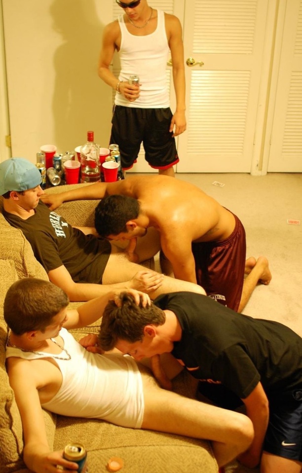Guy watches as his frat brothers get their dicks sucked