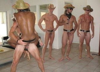 Naked frat guys in straw hats fooling around