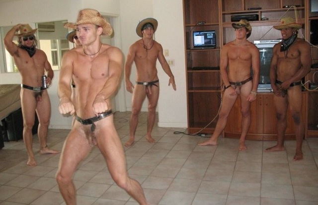 Naked frat guys in hats dancing
