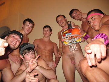 Naked frat boys ready to play naked sports