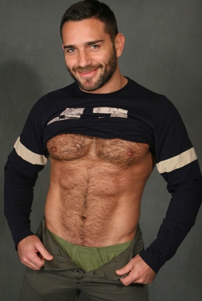 humpy man shows hairy belly and a flash of underwear