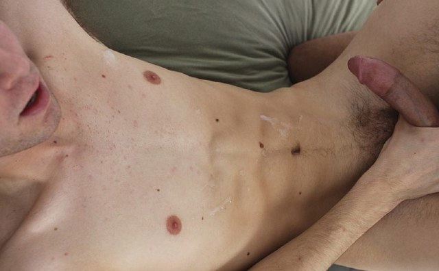 Kyler's smooth young body covered in cum