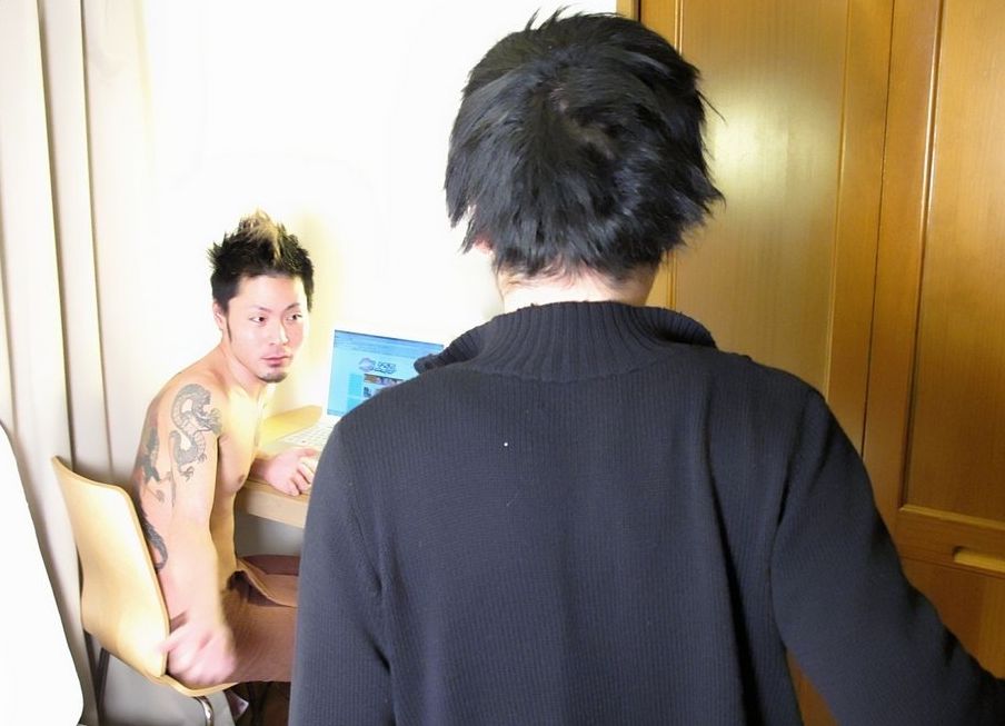 Young guy walks in on his inked roommate in a towel