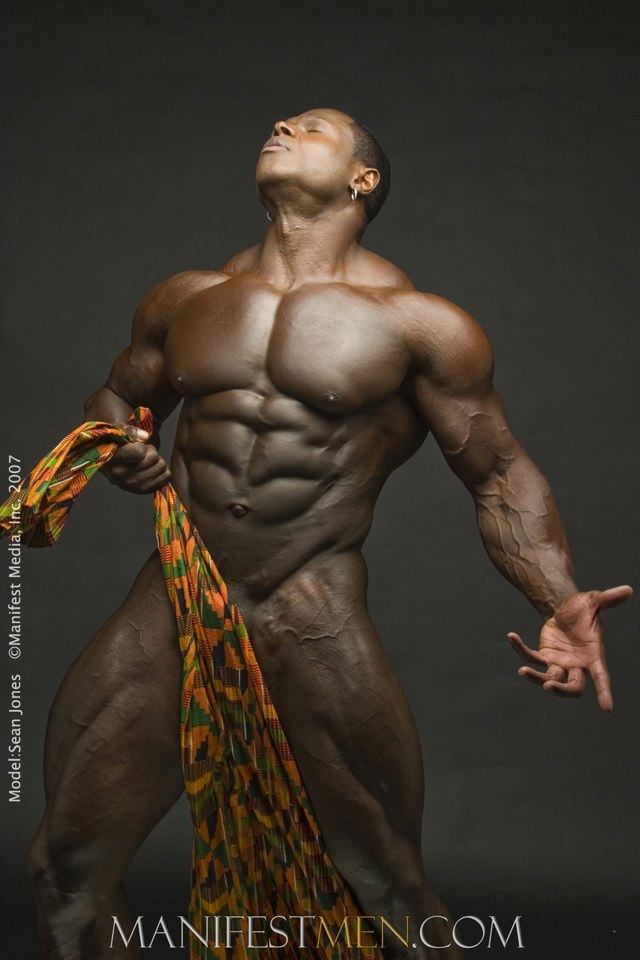 Body builder Sean Jones, naked with just a cloth in front of his dick title=