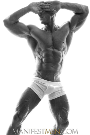 Black and white photo of bodybuilder Johnny Cruise in white underwear
