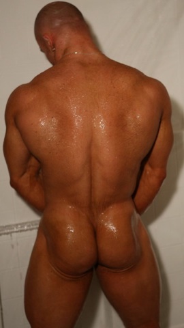 Hot body builder Kyle Stevens in the shower showing his naked ass