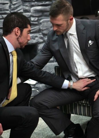 Paul and Leo stroke each other\'s bulges through suits