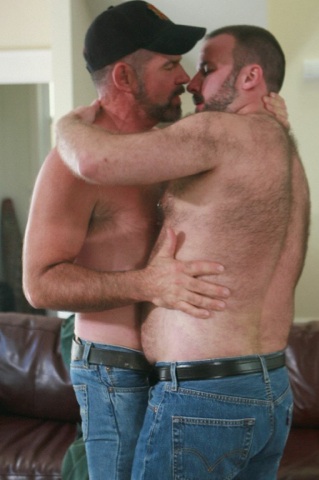 Shirtless bears Mark and Ford fooling around