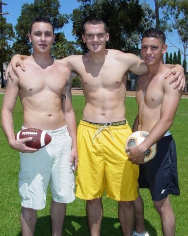 Real college jocks shirtless on the field