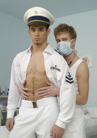 Hairy young sailor and twink doctor ready to play in the exam room