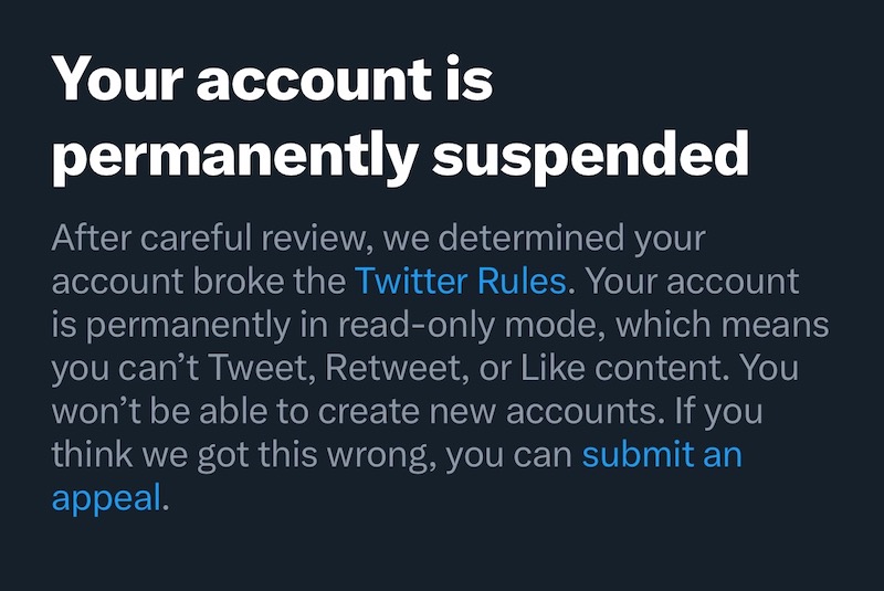 Twitter - Your account has been permanently suspended